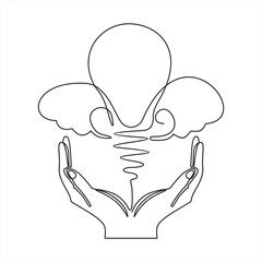 Lightbulb on hand one continuous line drawing. Electric lamp. Brainstorm linear symbol. Vector isolated on white.	
