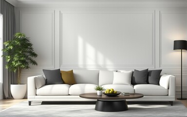 Interior of modern design room with white couch 3D rendering

