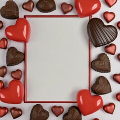 Valentine's day mockup with red hearts and chocolates, free space for text or merchandise.