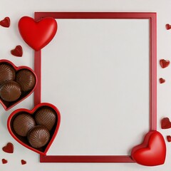 Valentine's day mockup with red hearts and chocolates, free space for text or merchandise.