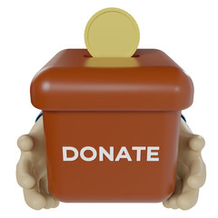 3d render of hand holding charity box and coins. illustration concept of asking for donations via mobile and web applications