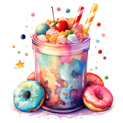 Illustration of drink, doughnuts, and strawberry in watercolor style.