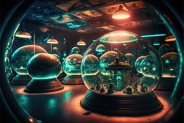 Alien museum, futuristic lobby with high ceilings and neon lights. There are several interactive exhibits scattered throughout the room, each showcasing a different aspect of extraterrestrial life.