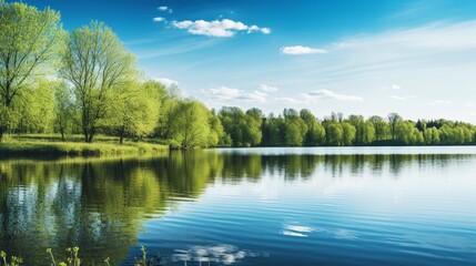 a peaceful lake reflecting a clear blue sky, framed by newly leafed trees, in a harmonious spring landscape.