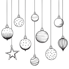 Christmas tree decorations, Christmas balls. Black and white illustration