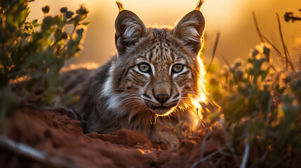 Fototapeta premium Iberian Lynx Prowling at Sunset: The Iberian lynx, the most endangered wild cat species, captured in the warm glow of a sunset.