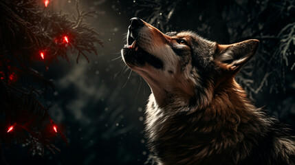 Red Wolf Howling in Moonlight: A red wolf howling beneath the moonlight, showcasing the wild spirit of this endangered species. - obrazy, fototapety, plakaty