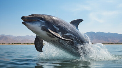 Fototapeta premium Vaquita Dolphin Leaping in Gulf of California: The elusive Vaquita dolphin leaping gracefully in the waters of the Gulf of California.