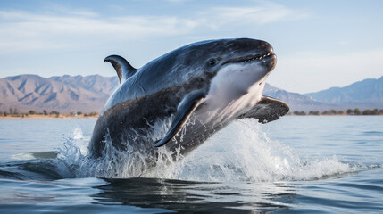 Vaquita Dolphin Leaping in Gulf of California: The elusive Vaquita dolphin leaping gracefully in the waters of the Gulf of California. - obrazy, fototapety, plakaty