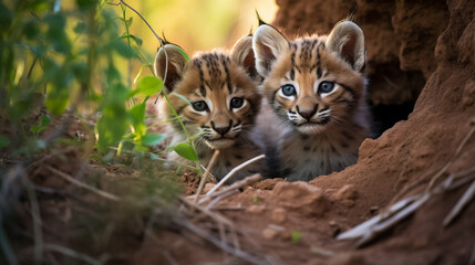 Iberian Lynx Kittens Exploring: Curious Iberian lynx kittens exploring their surroundings, showcasing the next generation of this endangered species.