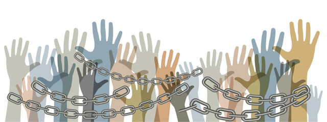 Outstretched hands chained with a metal chain. Protest. Vector illustration.