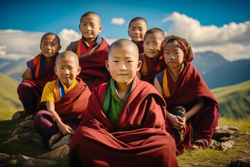 Group of small Tibetan monks posing for a photograph on top of a mountain with the sky in the background. Created with AI