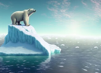 A polar bear is pictured above an iceberg in the arctic ocean, with floating icebergs due to climate change and melting glaciers in the background. 3D rendering.