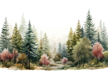Watercolor nature forest with a seamless pattern landscape, isolated on a white background. Trees, branches, flowers.