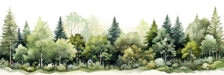 Fototapeta premium Watercolor nature forest with a seamless pattern landscape, isolated on a white background. Trees, branches, flowers.