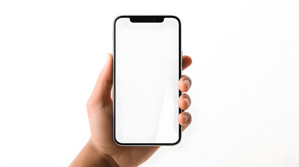 Hand holding mobile cell phone with blank screen for mockup design prototype isolated on a white background - obrazy, fototapety, plakaty