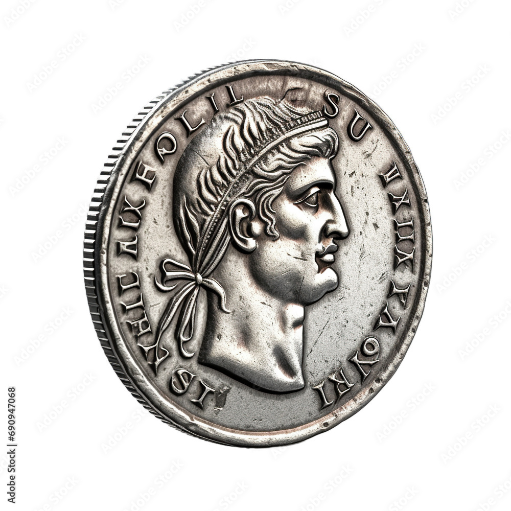 Wall mural Antique silver Roman coin, isolated on a transparent-white background. PNG transparent.