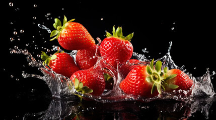 Fresh strawberry with water splashes on dark background. Generative AI