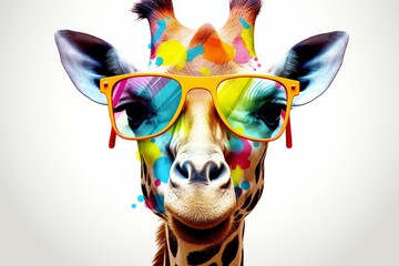 Cartoon colorful giraffe with sunglasses on white background. Generative AI 