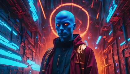 A portrait of An alien creature, His face blue with a Bald head and menacing look wearing a red jacket, digital art, beautiful avatar pictures, cinematic shot epic portraits.