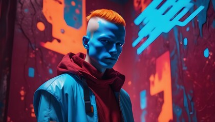 Obraz premium A portrait of An alien creature, His face blue with orange hair and a menacing look wearing a blue jacket, digital art, beautiful avatar pictures, cinematic shot epic portraits.