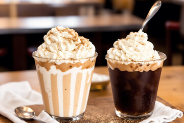 Iced coffee with whipped cream in a glass on a wooden table.  Generative AI