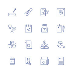Medical line icon set on transparent background with editable stroke. Containing rapid test, health check, sphygmomanometer, medicine, tweezers, medical, x ray, medical record, medical insurance.