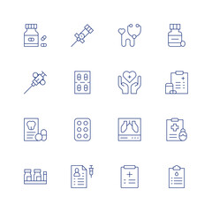 Medical line icon set on transparent background with editable stroke. Containing medicine, biopsy, prescription, pills, cannula, medication, medical record, medical prescription, medical report.