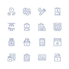 Medical line icon set on transparent background with editable stroke. Containing medicine, operating room, blood donation, medical services, medications, medical history, medical form, x ray, medical.