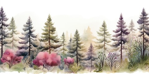 Obraz premium Watercolor nature forest with a seamless pattern landscape, isolated on a white background. Trees, branches, flowers.