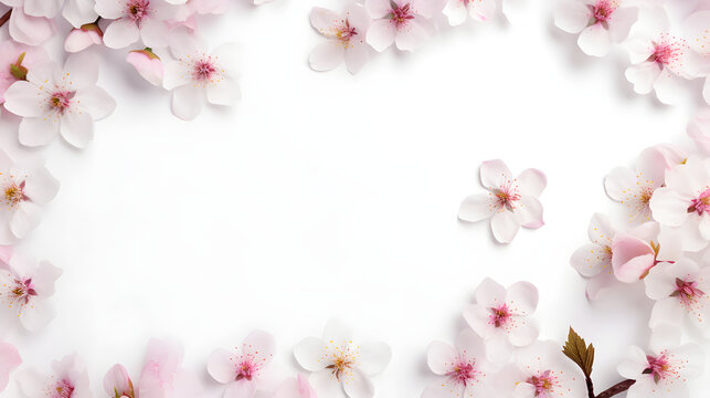 Pink flowers on a pure white background, valentine's day, easter, birthday, happy women's day, mother's day, flat lay, top view, copy space
