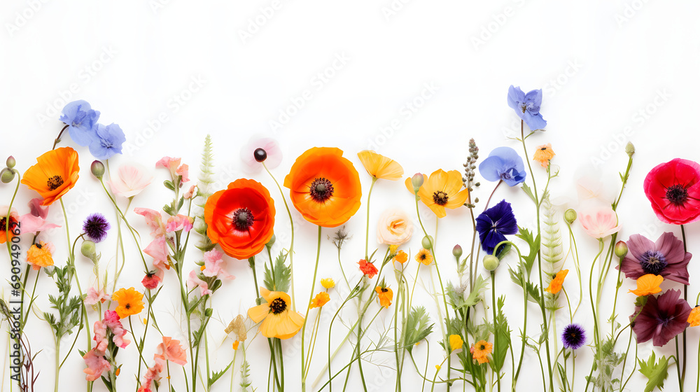 Wall mural wild flowers on a pure white background, valentine's day, easter, birthday, happy women's day, mothe