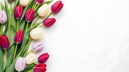 Tulips on a pure white background, valentine's day, easter, birthday, happy women's day, mother's day, flat lay, top view, copy space
