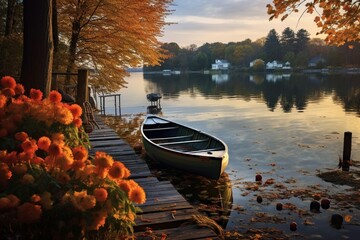 A serene lakeside scene with a small rowboat adorned with pumpkins and gourds, creating a...