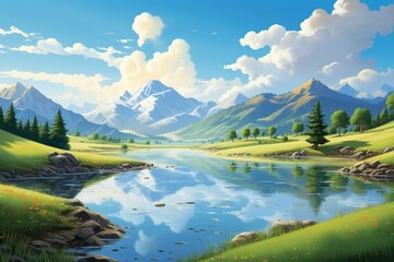 A serene landscape with rolling hills and a crystal-clear lake reflecting the sky. Sunlight gently kissing the scene.