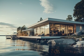 Obraz premium Stylish new country house in nature, villa eco hotel modern exterior design near the lake of water