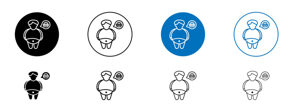 Fat Man Line Vector Illustration Set. Big Body Person Overweight Man In Black And Blue Color.