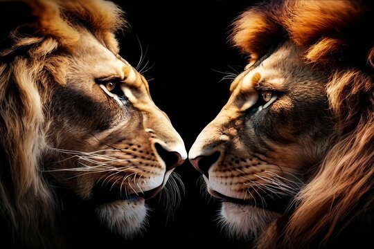 two lions looking each other with a black background and light colored hair