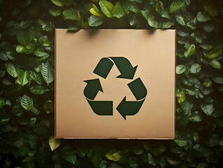 Green leaves and an arrow symbol on recycled cardboard with around green leaves. Recycle High-resolution