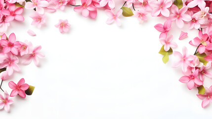 Fototapeta na wymiar Pink jasmine spring flowers with copy space framed on a white background