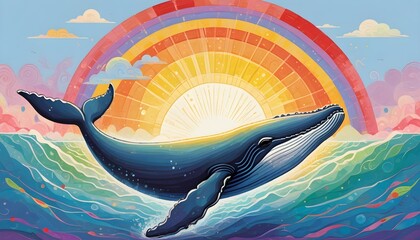 A whale jumping out of the water with a rainbow in the background, sunrise, 2d gouache illustration. - obrazy, fototapety, plakaty