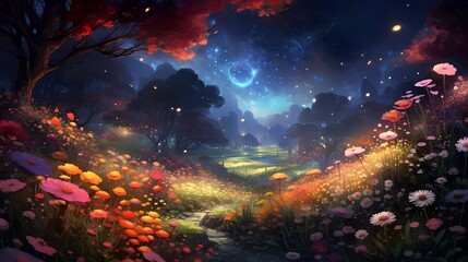 Garden of flowers and nature shines and stars at night
