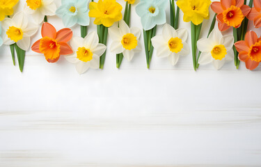 colorful narcissus flowers on white wooden table top view