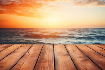 Fototapeta na wymiar Wood table top or terrace with wooden planks on blue sea water view, summer sky background