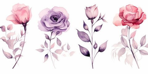 Watercolor Transparent floral set isolated on white collection of roses, leaves, branches bundle in pastel pink, grey, violet, purple, botanical illustration wedding design. Generative AI