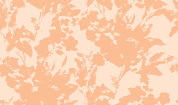 Dots and Spots of Halftone Grunge floral silhouette  Background. 2024 colors of year peach fuzz Seamless Pattern Design. Polka  Style Texture. Broken,  Print Design 