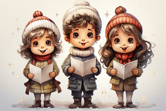 A charming image of three children in winter clothes holding song books
