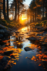  Golden Sunset over Spring Stream With Budding Trees Along the  Banks, Forest Creek