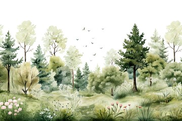 Watercolor nature forest with a seamless pattern landscape, isolated on a white background. Trees, branches, flowers. Great as wallpaper, banner or background vector.