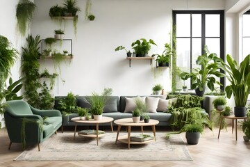 Different organic indoor plants in living room with decorations on the table. Composition of home garden green industrial interior. Urban jungle interior with houseplants. green concept for magazine. - Powered by Adobe